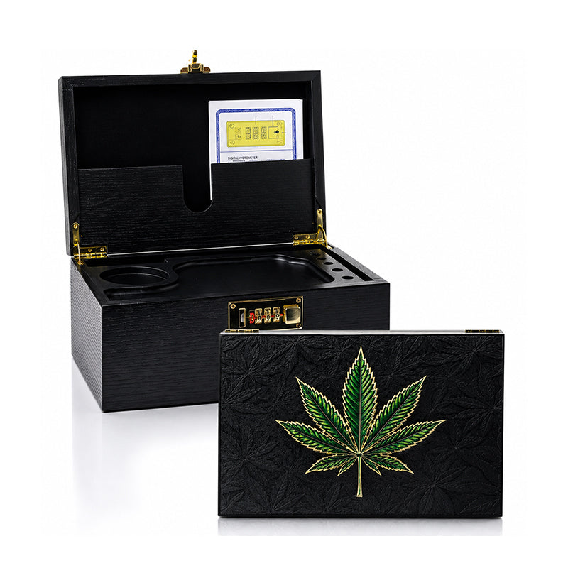 Weed Leaf Black Bamboo Wooden Stash Box with Lock