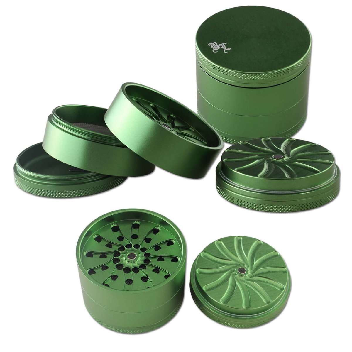 Black Leaf Masher Aluminium Grinder 4 Part 53mm Green