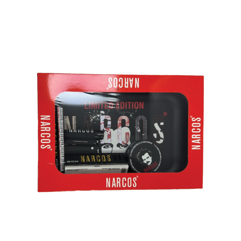 NARCOS Rolling Tray Black Edition GiftBox Medium 19cm x 29cm Lighter + Grinder + Kingsize Papers
