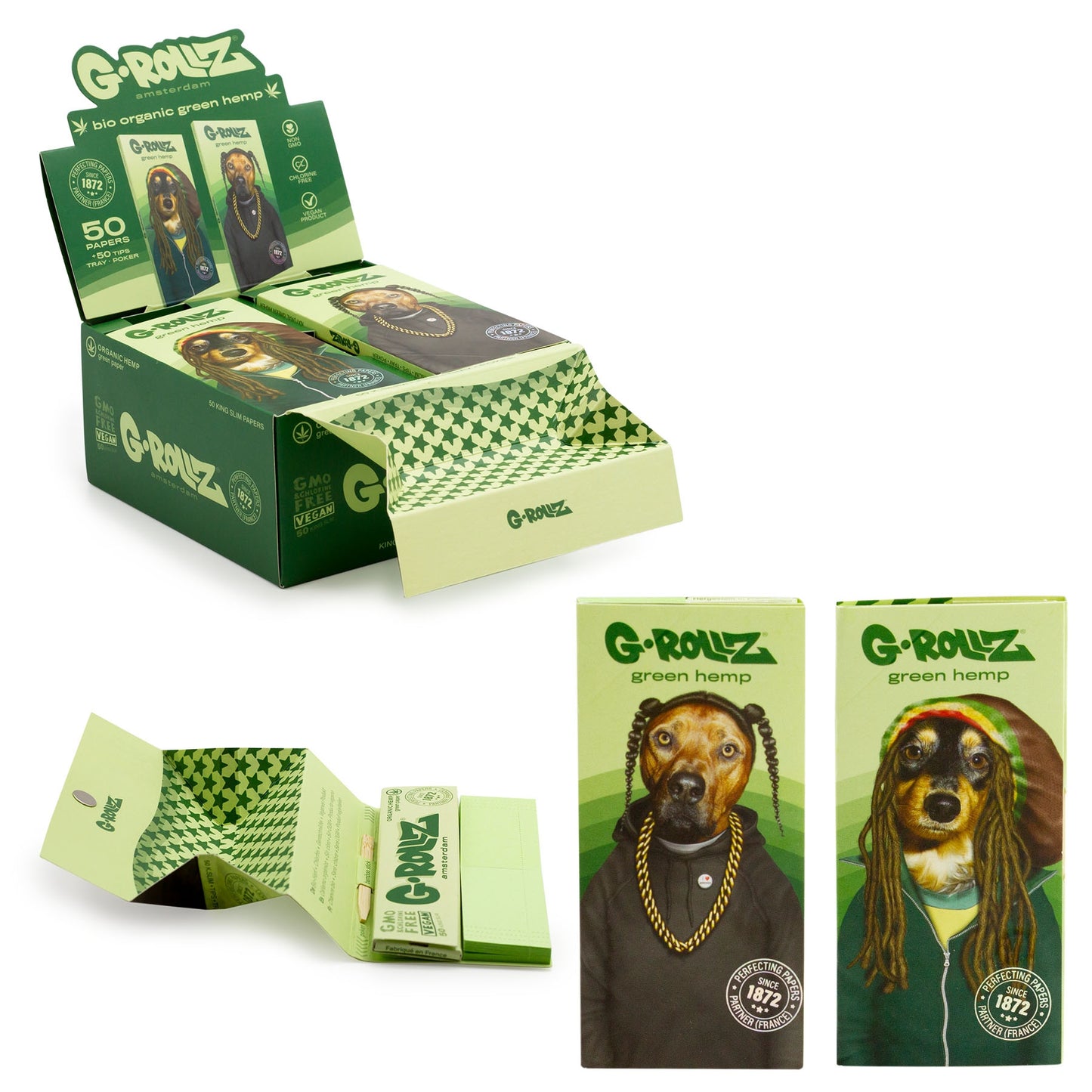 G-RollzReggae Rap' - Organic Green Hemp - 50 KS Slim Papers + Tips & Tray