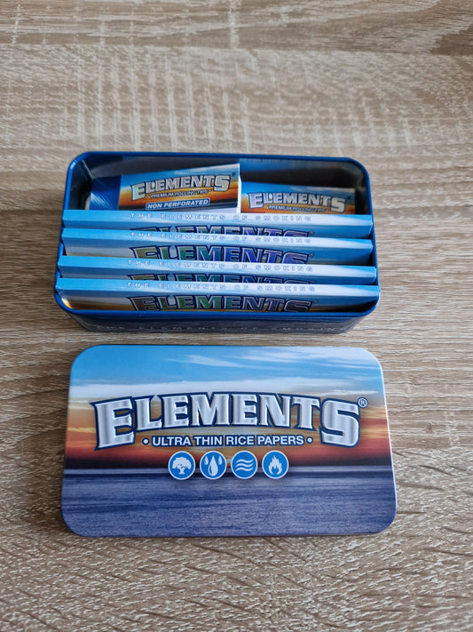 Each Elements tin contains   4 packs rolling papers  2 Elements filter tips booklets (roach books)
